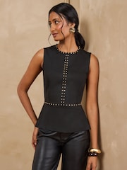 Love & Roses Black Stud Trim Detail Sleeveless Top - Image 1 of 5
