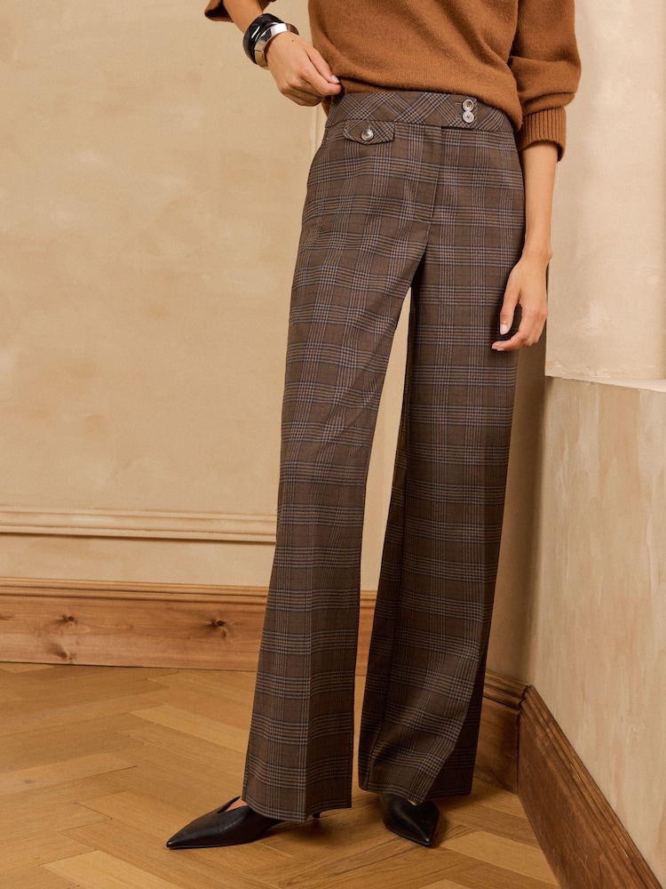Love & Roses X Binky Chocolate Brown Check Pocket Detail Wide Leg Trousers - Image 1 of 5 Love & Roses X Binky Chocolate Brown Check Pocket Detail Wide Leg Trousers - Image 1 of 5