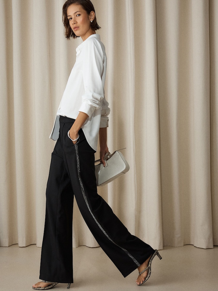 Black Sparkle Side Stripe Straight Leg Trousers - Image 1 of 8 Black Sparkle Side Stripe Straight Leg Trousers - Image 1 of 8