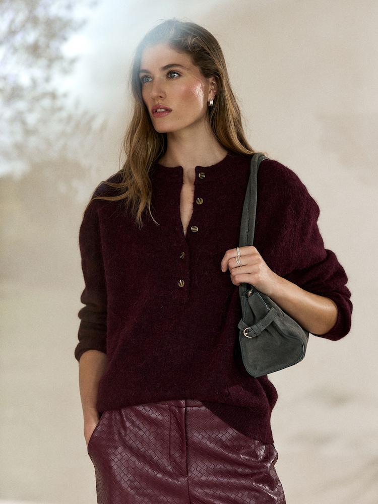 Burgundy Red N.Premium Knitted Long Sleeve Henley Jumper - Image 1 of 8 Burgundy Red N.Premium Knitted Long Sleeve Henley Jumper - Image 1 of 8