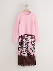 Pink/Butterfly Print 2 in 1 Jumper Lace Trim Dress - Image 6 of 9