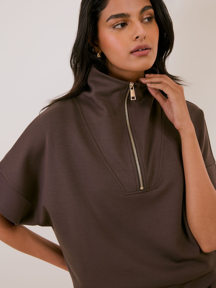 OSIA Brown 1/4 Zip Short Sleeve Modal Sweat Top - Image 2 of 5 OSIA Brown 1/4 Zip Short Sleeve Modal Sweat Top - Image 2 of 5