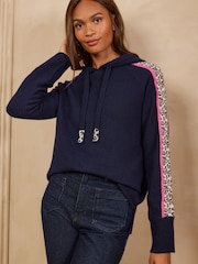 Love & Roses Navy And Leopard Tipped Knitted Hoodie - Image 1 of 4