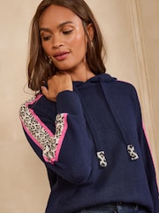 Love & Roses Navy And Leopard Tipped Knitted Hoodie - Image 2 of 4