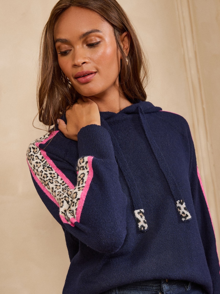 Love & Roses Navy And Leopard Tipped Knitted Hoodie - Image 2 of 4