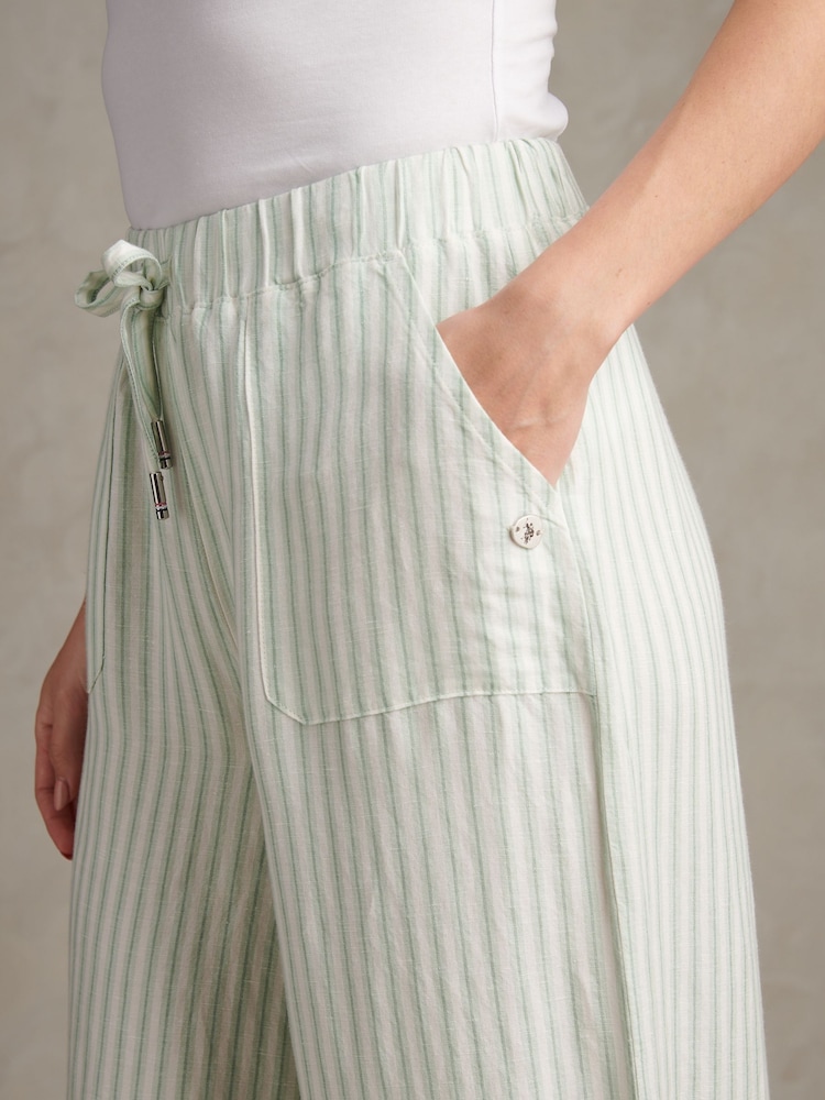 U.S. Polo Assn Green Linen Stripe Drawstring Wide Leg Trousers - Image 2 of 7