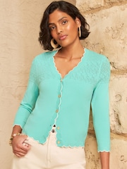 Love & Roses Blue Pointelle Scallop Detail 3/4 Sleeve Knitted Cardigan - Image 1 of 4