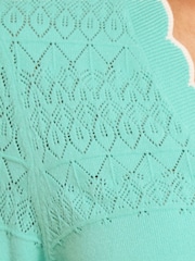 Love & Roses Blue Pointelle Scallop Detail 3/4 Sleeve Knitted Cardigan - Image 2 of 4