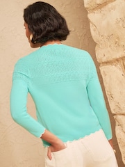 Love & Roses Blue Pointelle Scallop Detail 3/4 Sleeve Knitted Cardigan - Image 4 of 4