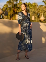 Seraphine Navy & Black Lace Floral Maternity Tea Dress With Lace Trim - Image 1 of 4