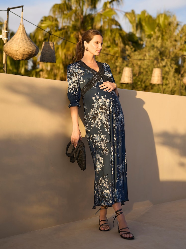 Seraphine Navy & Black Lace Floral Maternity Tea Dress With Lace Trim - Image 2 of 4