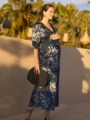 Seraphine Navy & Black Lace Floral Maternity Tea Dress With Lace Trim - Image 3 of 4
