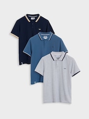 Threadbare Blue Herringbone Tipping Detail Pique Polo Shirts 3 Pack - Image 1 of 4