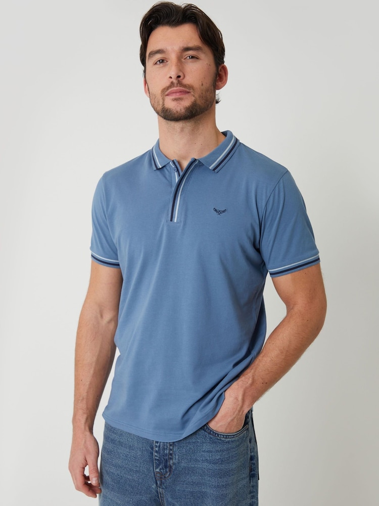 Threadbare Denim Blue Contrast Tipping Hidden Placket Polo Shirt - Image 1 of 4