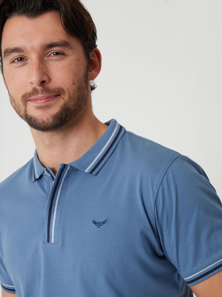 Threadbare Denim Blue Contrast Tipping Hidden Placket Polo Shirt - Image 4 of 4