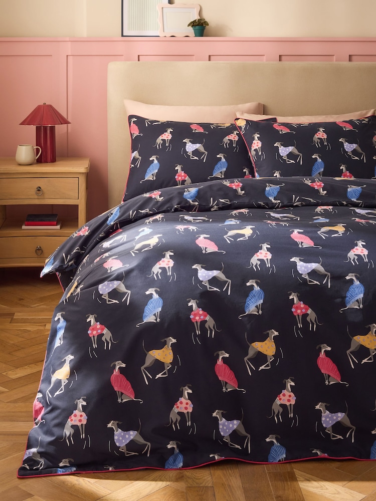 Navy Whippet Dog Reversible Duvet Cover and Pillowcase Set - Image 1 of 4 Navy Whippet Dog Reversible Duvet Cover and Pillowcase Set - Image 1 of 4