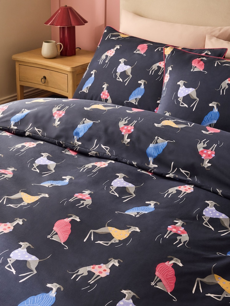 Navy Whippet Dog Reversible Duvet Cover and Pillowcase Set - Image 2 of 4 Navy Whippet Dog Reversible Duvet Cover and Pillowcase Set - Image 2 of 4