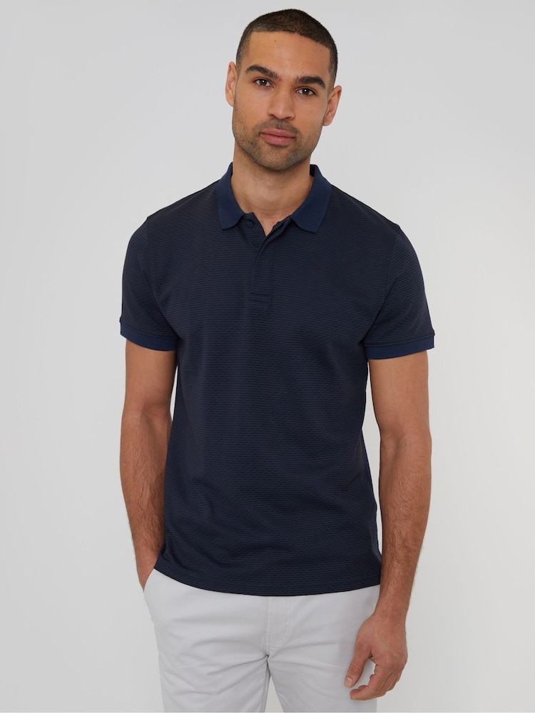Threadbare Navy Textured Hidden Placket Polo Shirt - Image 1 of 4