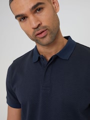 Threadbare Navy Textured Hidden Placket Polo Shirt - Image 3 of 4