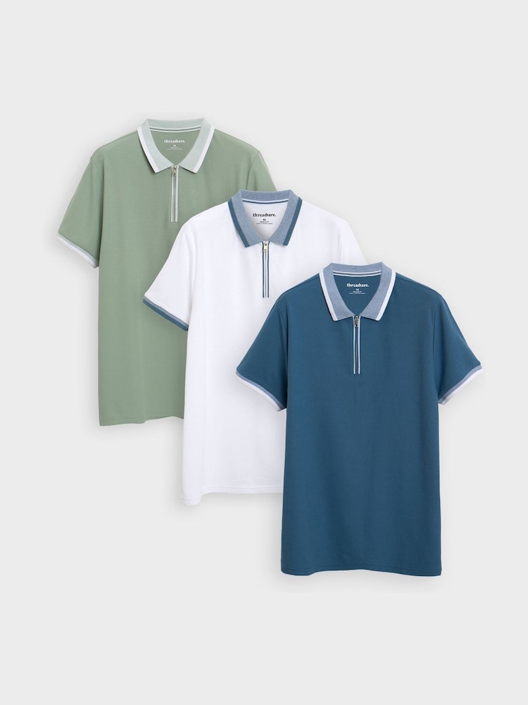 Threadbare White Pique Tipping Collar Quarter Zip Polo Shirts 3 Pack - Image 1 of 5 Threadbare White Pique Tipping Collar Quarter Zip Polo Shirts 3 Pack - Image 1 of 5