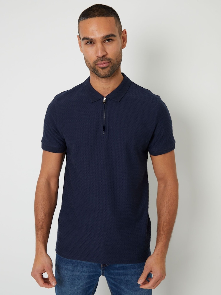 Threadbare Navy Textured Quarter Zip Polo Shirt - Image 1 of 4 Threadbare Navy Textured Quarter Zip Polo Shirt - Image 1 of 4