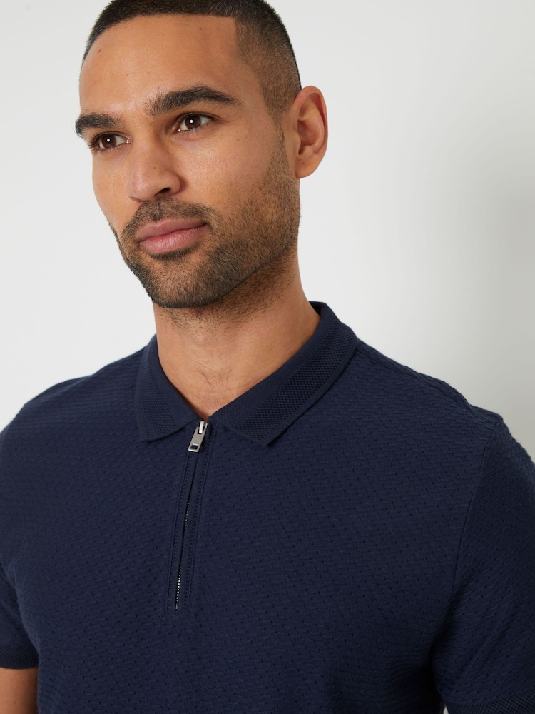 Threadbare Navy Textured Quarter Zip Polo Shirt - Image 2 of 4 Threadbare Navy Textured Quarter Zip Polo Shirt - Image 2 of 4