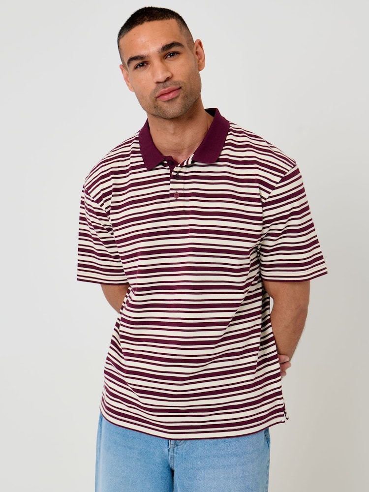 Threadbare Red Relaxed Fit Stripe Polo Shirt - Image 1 of 5