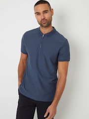 Threadbare Blue Textured Quarter Zip Polo Shirt - Image 2 of 4