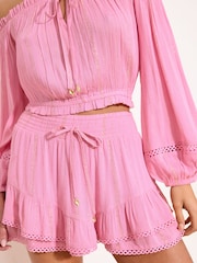 Roz - Lipsy Metallic Sparkle Ladder Trim Crinkle Beach Cover Up Mini Skort - Imaginea 2 din 5
