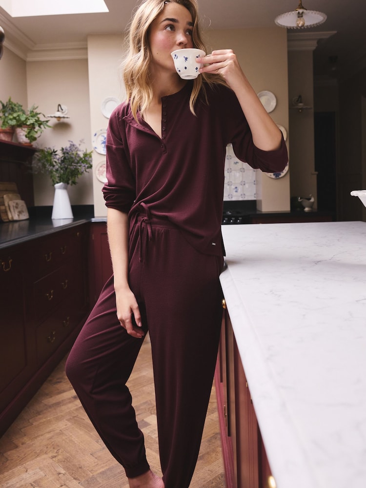 Burgundy Red Cosy Waffle Long Sleeve Henley Pyjamas - Image 1 of 5 Burgundy Red Cosy Waffle Long Sleeve Henley Pyjamas - Image 1 of 5