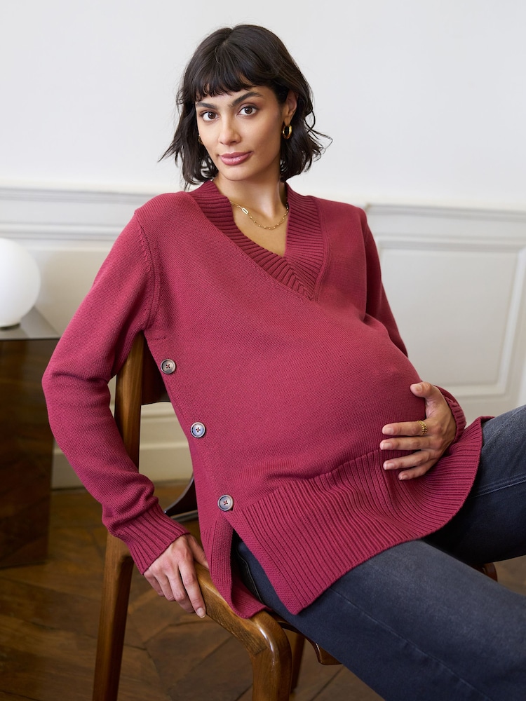 Seraphine Berry Pink Maternity V-Neck Button Nursing Jumper - Image 2 of 7 Seraphine Berry Pink Maternity V-Neck Button Nursing Jumper - Image 2 of 7