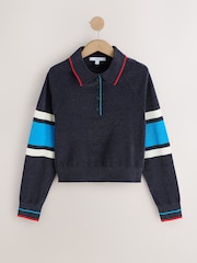 Navy Blue Colourblock Chenille Knit Long Sleeve Polo Jumper - Image 1 of 3