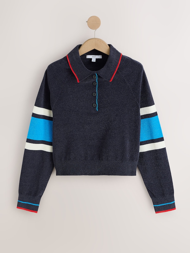 Navy Blue Colourblock Chenille Knit Long Sleeve Polo Jumper - Image 1 of 3