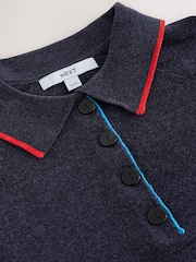 Navy Blue Colourblock Chenille Knit Long Sleeve Polo Jumper - Image 3 of 3