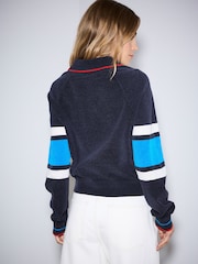 Navy Blue Colourblock Chenille Knit Long Sleeve Polo Jumper - Image 4 of 8