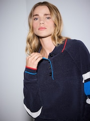 Navy Blue Colourblock Chenille Knit Long Sleeve Polo Jumper - Image 5 of 8