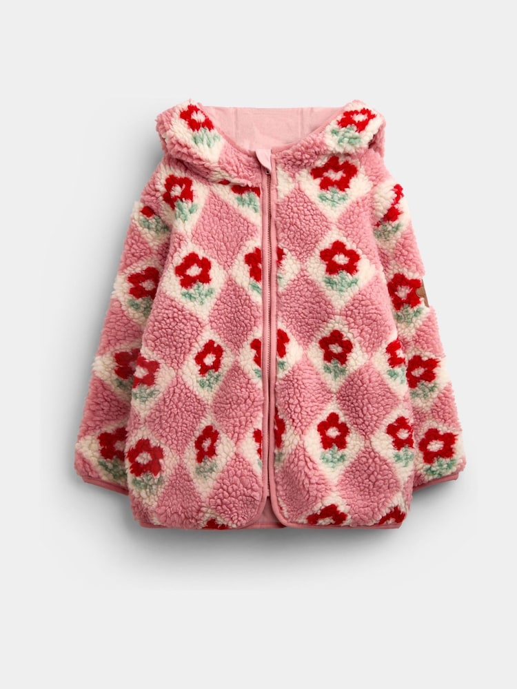 JoJo Maman Bébé Pink Floral Harlequin Hooded Borg Fleece - Image 1 of 4 JoJo Maman Bébé Pink Floral Harlequin Hooded Borg Fleece - Image 1 of 4