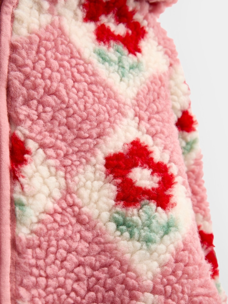 JoJo Maman Bébé Pink Floral Harlequin Hooded Borg Fleece - Image 2 of 4 JoJo Maman Bébé Pink Floral Harlequin Hooded Borg Fleece - Image 2 of 4