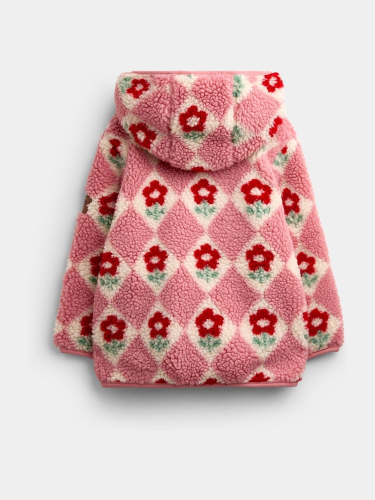 JoJo Maman Bébé Pink Floral Harlequin Hooded Borg Fleece - Image 4 of 4 JoJo Maman Bébé Pink Floral Harlequin Hooded Borg Fleece - Image 4 of 4