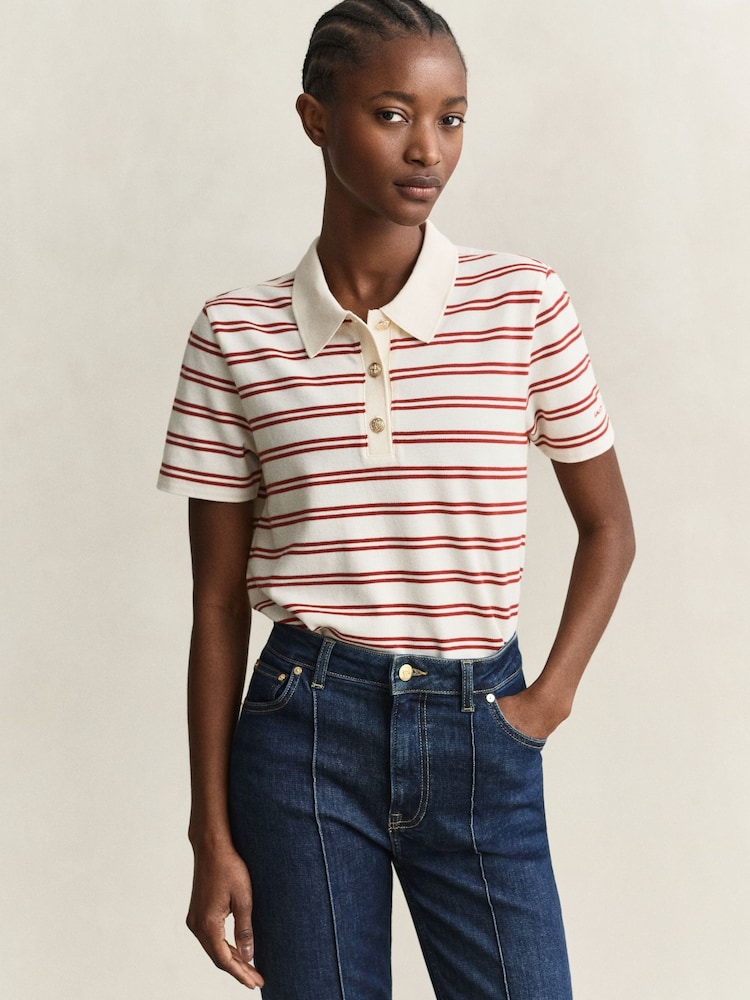 GANT Cream Stripe Pique Polo Shirt - Image 1 of 6 GANT Cream Stripe Pique Polo Shirt - Image 1 of 6