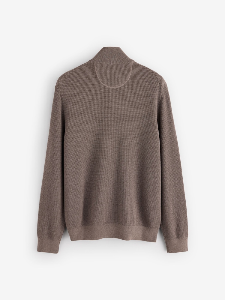GANT Brown Micro Textured Zip Through Cardigan - Image 2 of 5 GANT Brown Micro Textured Zip Through Cardigan - Image 2 of 5