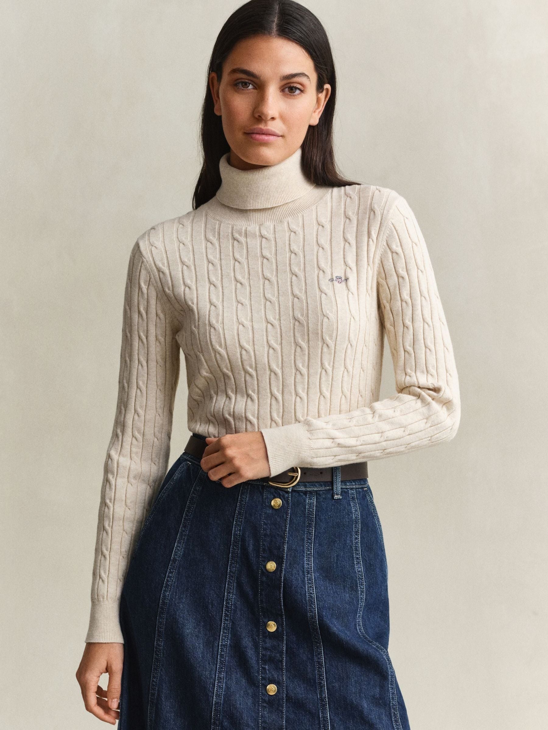 Gant Women's Faded Beige Stretch Cotton Cable Knit Turtleneck Sweater (Xl) - Image 3