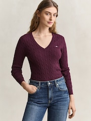 Rouge - Pull GANT en maille torsadée extensible en coton à col en V - Image 1 sur 5