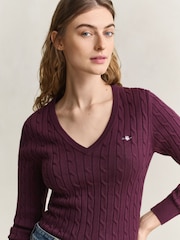Rouge - Pull GANT en maille torsadée extensible en coton à col en V - Image 4 sur 5