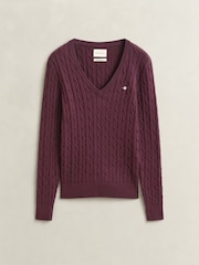 Rouge - Pull GANT en maille torsadée extensible en coton à col en V - Image 5 sur 5