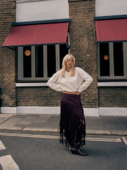 Ecru Long Sleeve High V-Neck Fuzzy Knit Jumper With Wool - Image 4 of 10