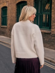 Ecru Long Sleeve High V-Neck Fuzzy Knit Jumper With Wool - Image 6 of 10