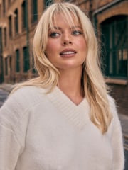Ecru Long Sleeve High V-Neck Fuzzy Knit Jumper With Wool - Image 7 of 10