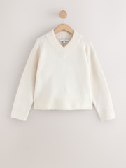 Ecru Long Sleeve High V-Neck Fuzzy Knit Jumper With Wool - Image 8 of 10