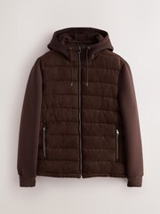 Brown Faux Suede Quilted Hybrid Hooded Jacket - Image 1 of 5